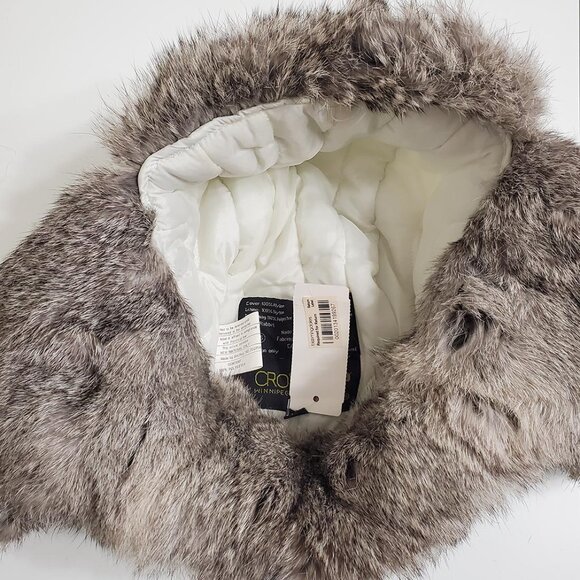 CROWN CAP Rabbit Fur Aviator Trapper Hat Large White Grey Unisex - Picture 9 of 10
